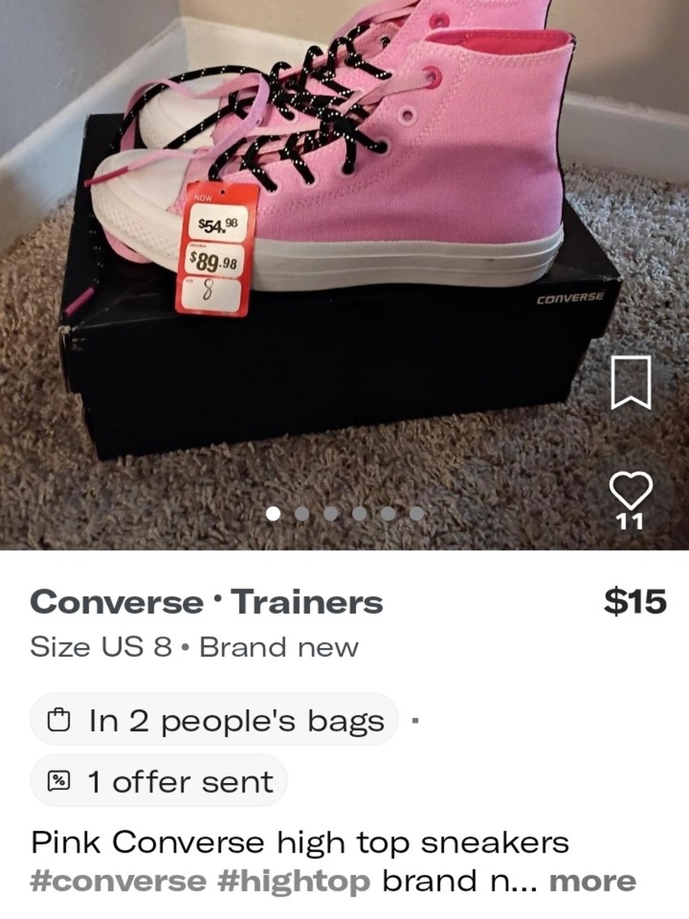 Converse Kids Pink High-Top Sneakers with Black Laces Size 8